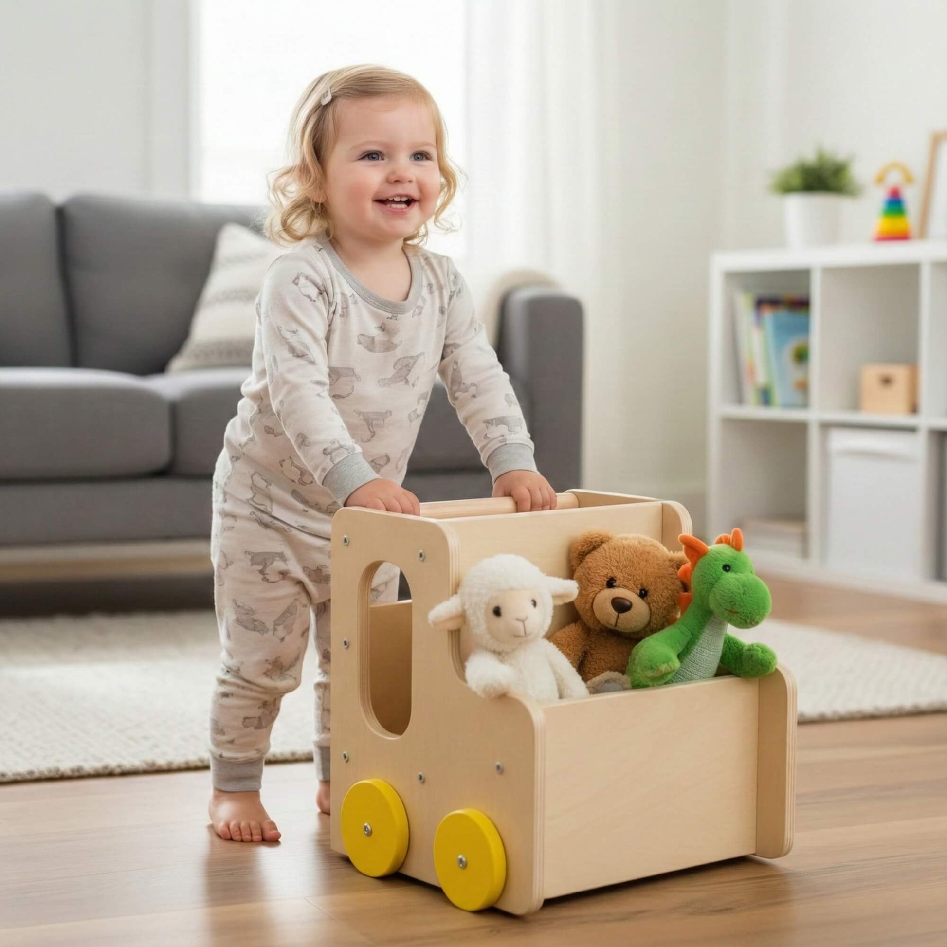 Happy child pushing a Hicooo wooden toy storage cart with yellow wheels, organizing plush toys in a modern living room.