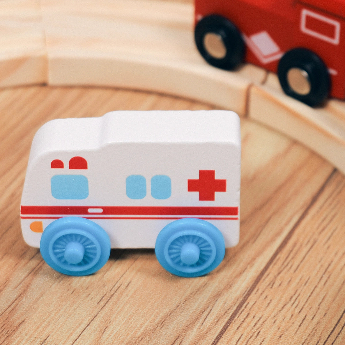 Top view close-up of wooden ambulance train car with white red-cross paint detail