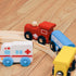 Wooden train car set including ambulance and yellow freight car product shot