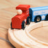 Red and blue wooden train locomotive close-up, beechwood rail toy detail