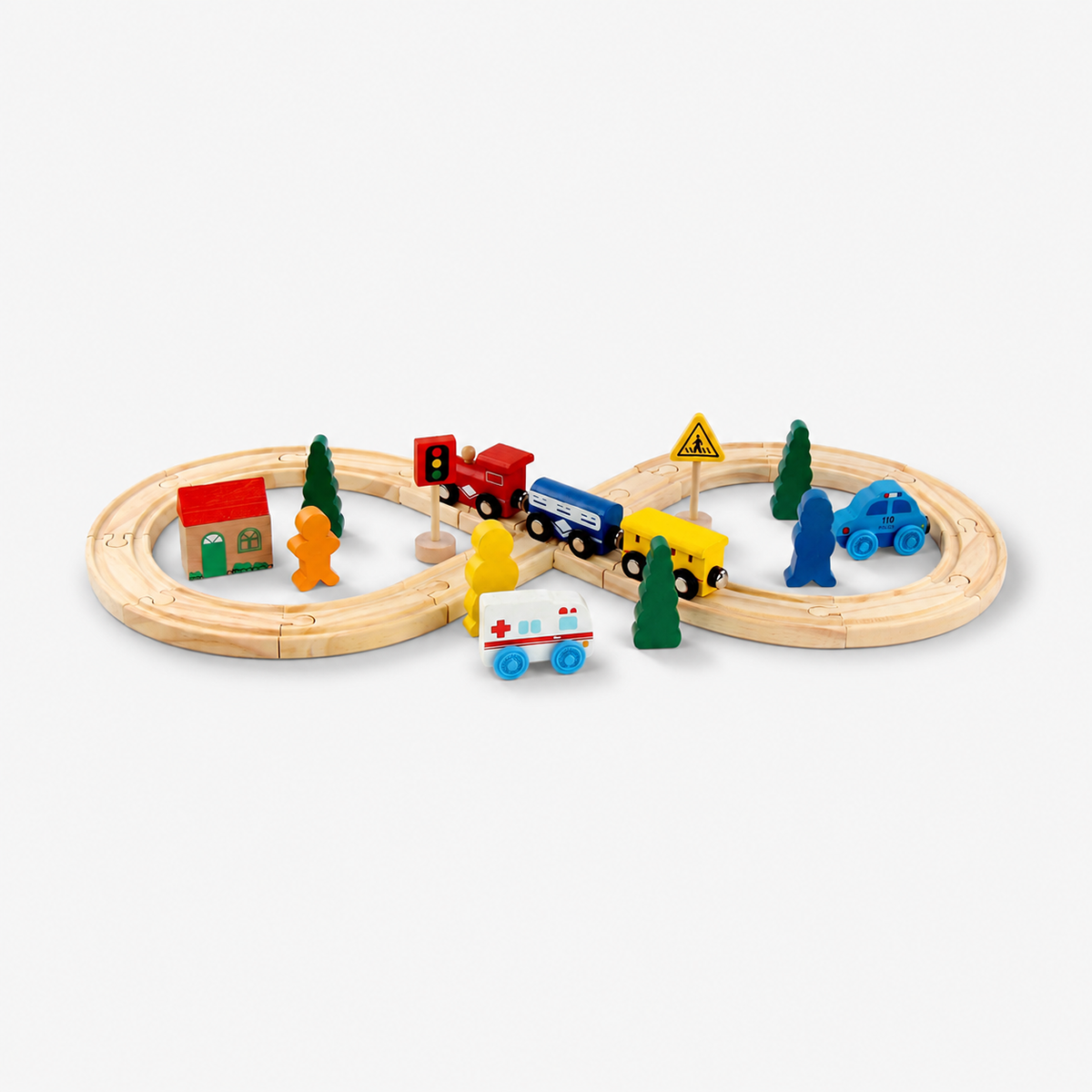 Hicooo 33-piece wooden train set with tracks, magnetic trains, city vehicles, character figures, trees, house and traffic signs