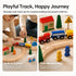 Hicooo wooden train track set assembled on floor, toddler-friendly battery-free railway toy compatible with Thomas and Brio