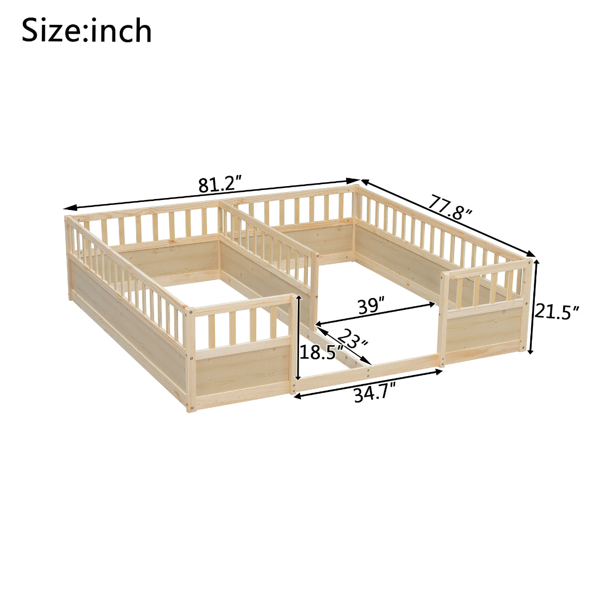 A light natural wood playpen or sandbox with slatted sides, shown on a white background with dimension lines and measurements in inches. The text 'Size:inch' appears in the top left corner.