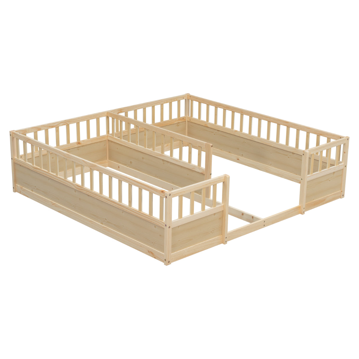 A light natural wood toddler bed frame with integrated safety rails, shown from an elevated angle on a plain white background.