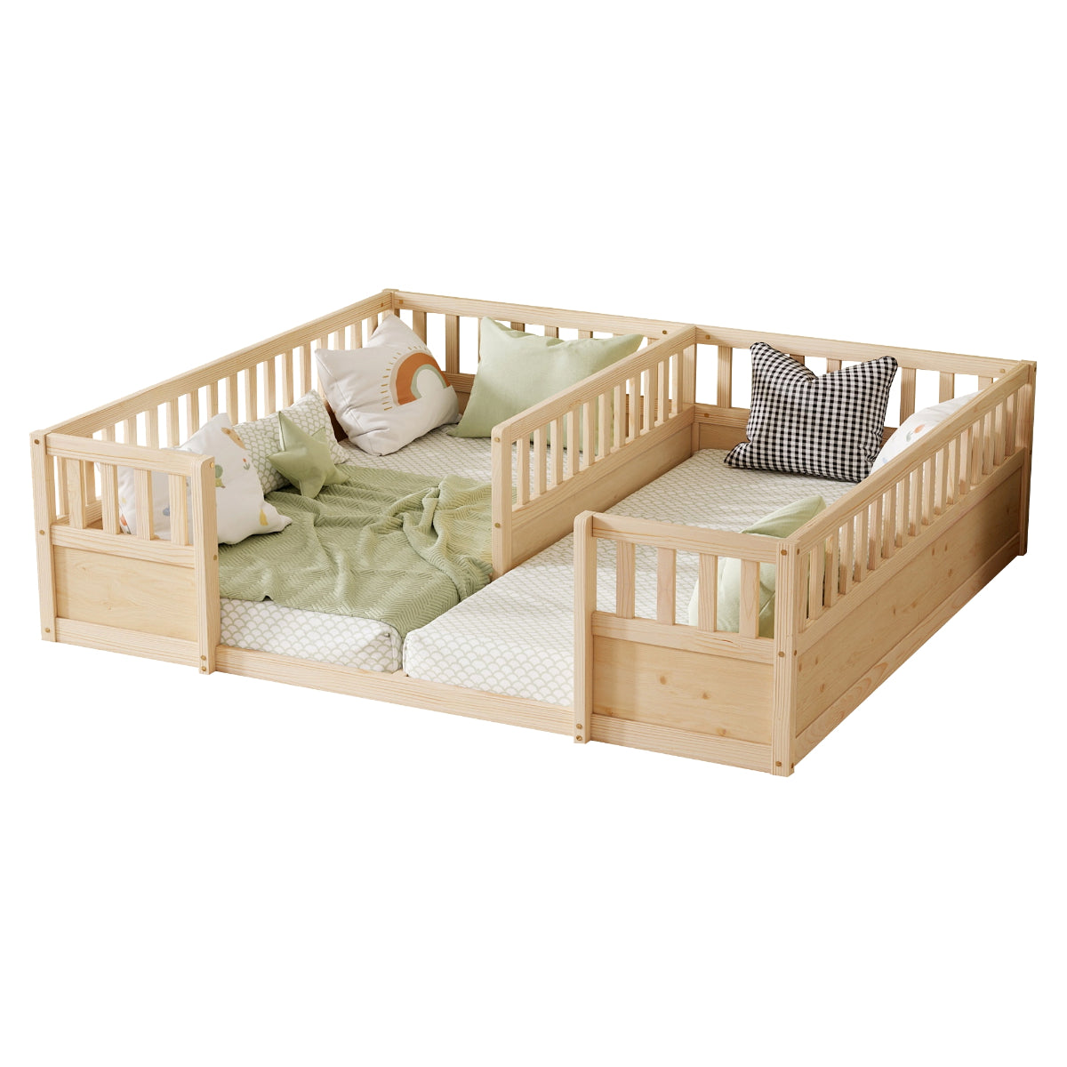 A light natural wood twin-over-twin bed frame with safety rails and built-in storage drawers on the right side, styled with green bedding and pillows on a white background.