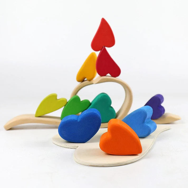 10-Piece Wooden Rainbow Heart Stacking Puzzle & Balancing Blocks