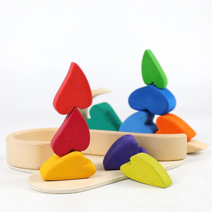 10-Piece Wooden Rainbow Heart Stacking Puzzle & Balancing Blocks