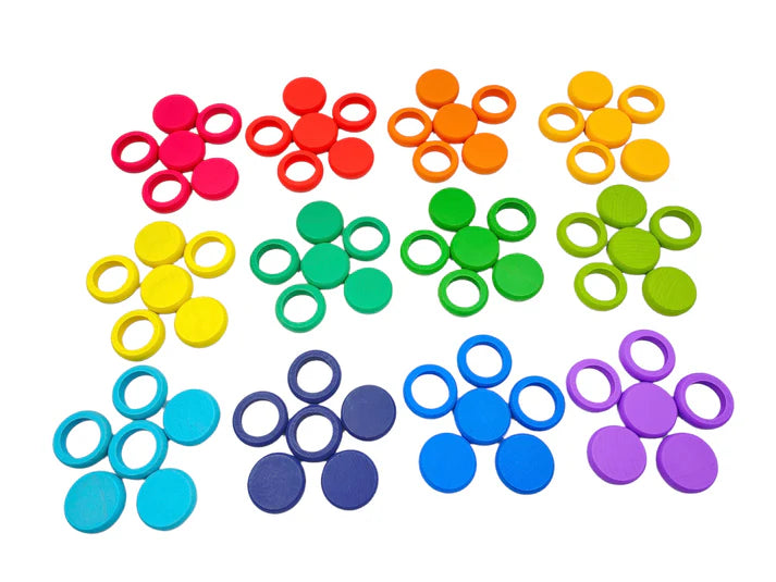 72-Piece Rainbow Wooden Coins & Rings Loose Parts