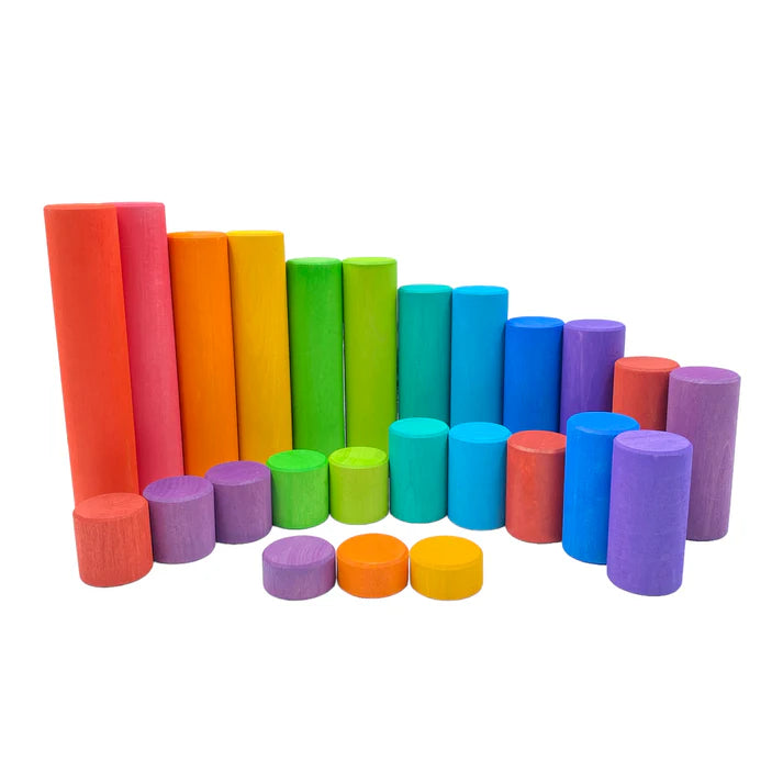 Wooden Rainbow Building Rollers & Cylindrical Stacking Blocks Set