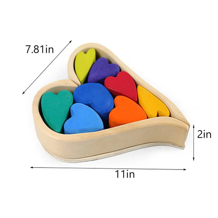 10-Piece Wooden Rainbow Heart Stacking Puzzle & Balancing Blocks