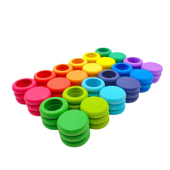 72-Piece Rainbow Wooden Coins & Rings Loose Parts