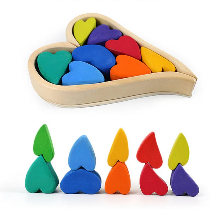 10-Piece Wooden Rainbow Heart Stacking Puzzle & Balancing Blocks