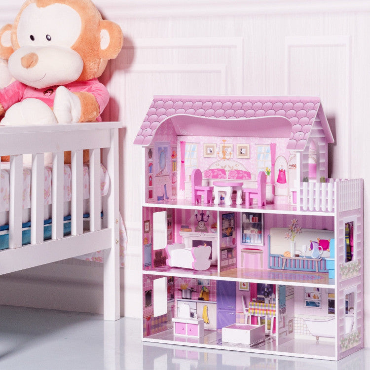 Pink Wooden Dollhouse with Furniture Set