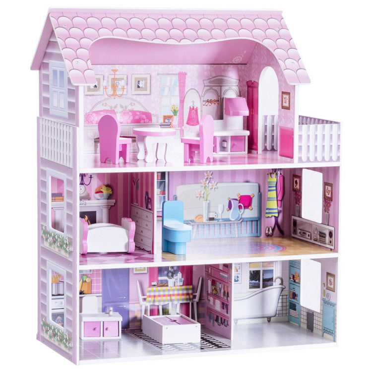 Pink Wooden Dollhouse with Furniture Set