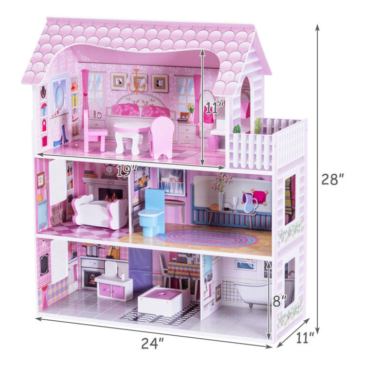 Pink Wooden Dollhouse with Furniture Set