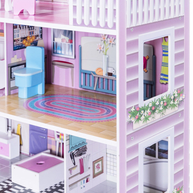 Pink Wooden Dollhouse with Furniture Set