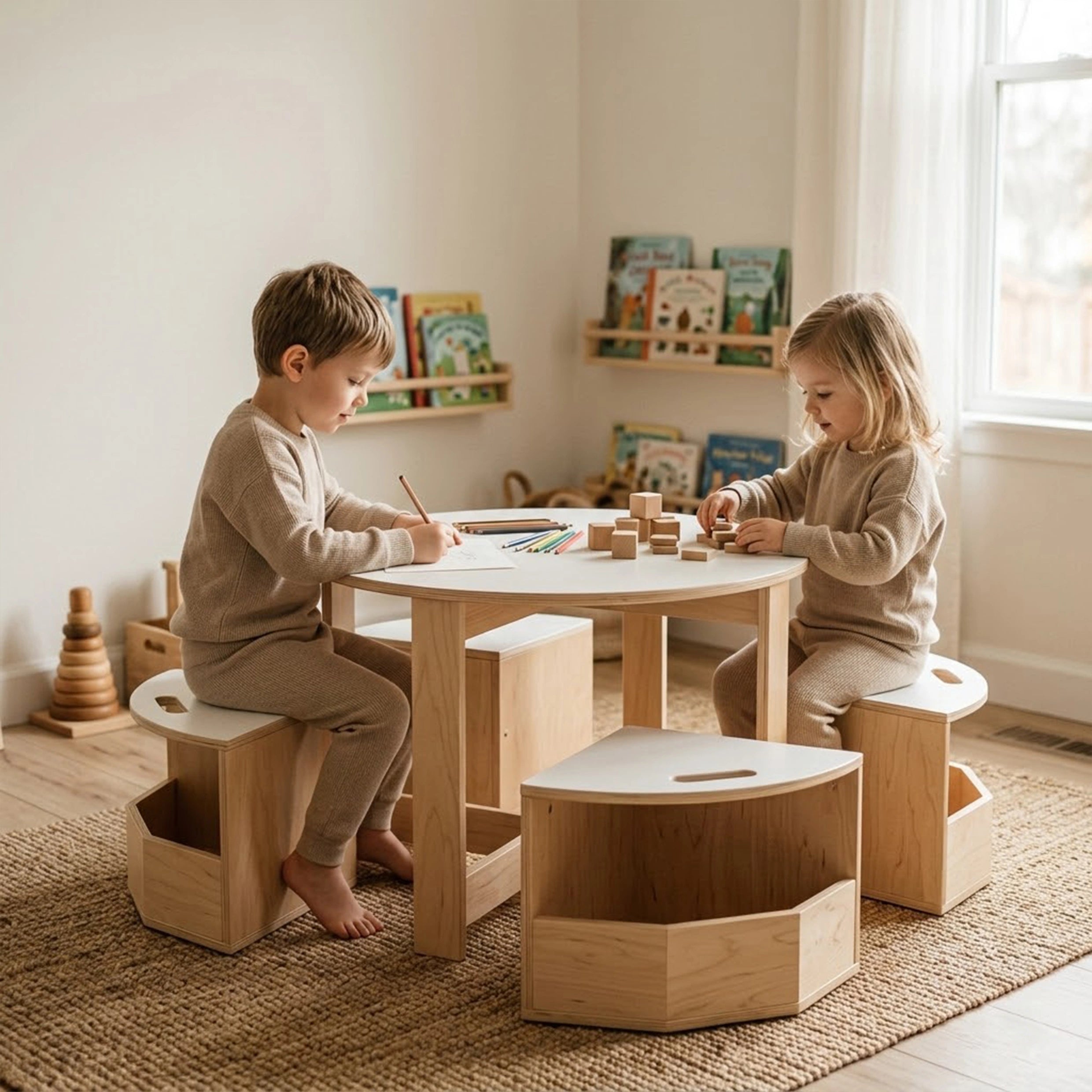 A toddler boy and girl sitting on unique tuck-under storage chairs at a round wooden play table, focusing on coloring with colored pencils.