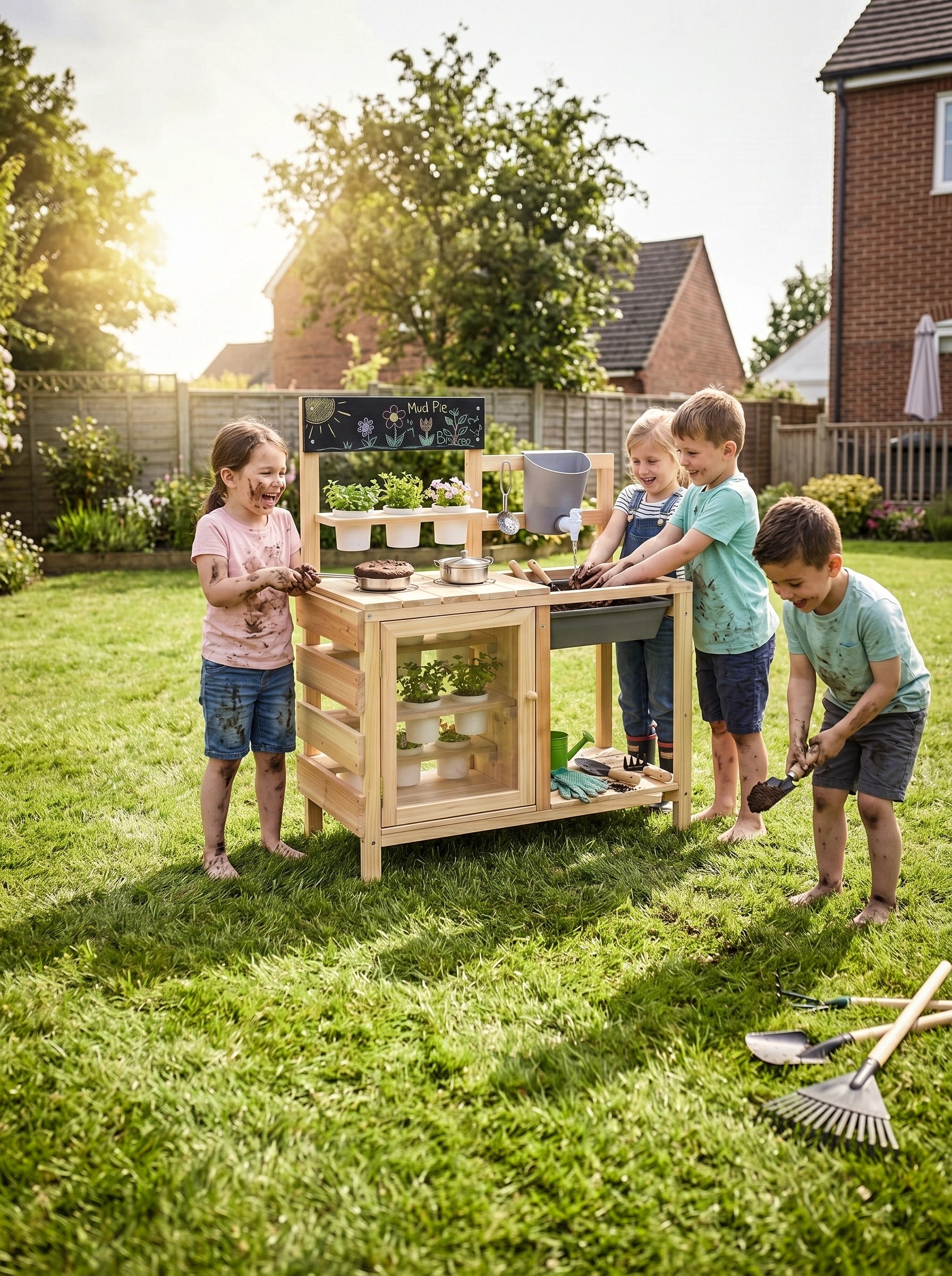 A group of joyful kids making mud pies at a wooden backyard mud kitchen toy set on a green lawn, featuring children with muddy hands and cheerful smiles with garden tools in the foreground.