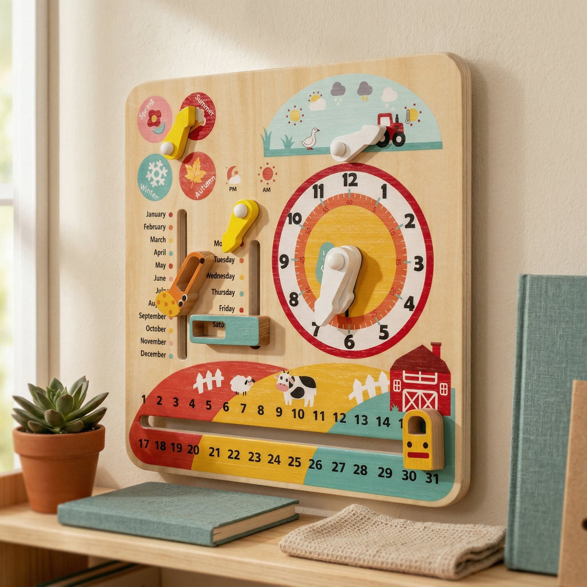 A lifestyle photograph of a kids' educational wooden calendar and clock board propped up on a wooden shelf in a softly lit room. It sits next to a small potted succulent and some books near a window, showcasing its interactive dials and colorful learning sliders.