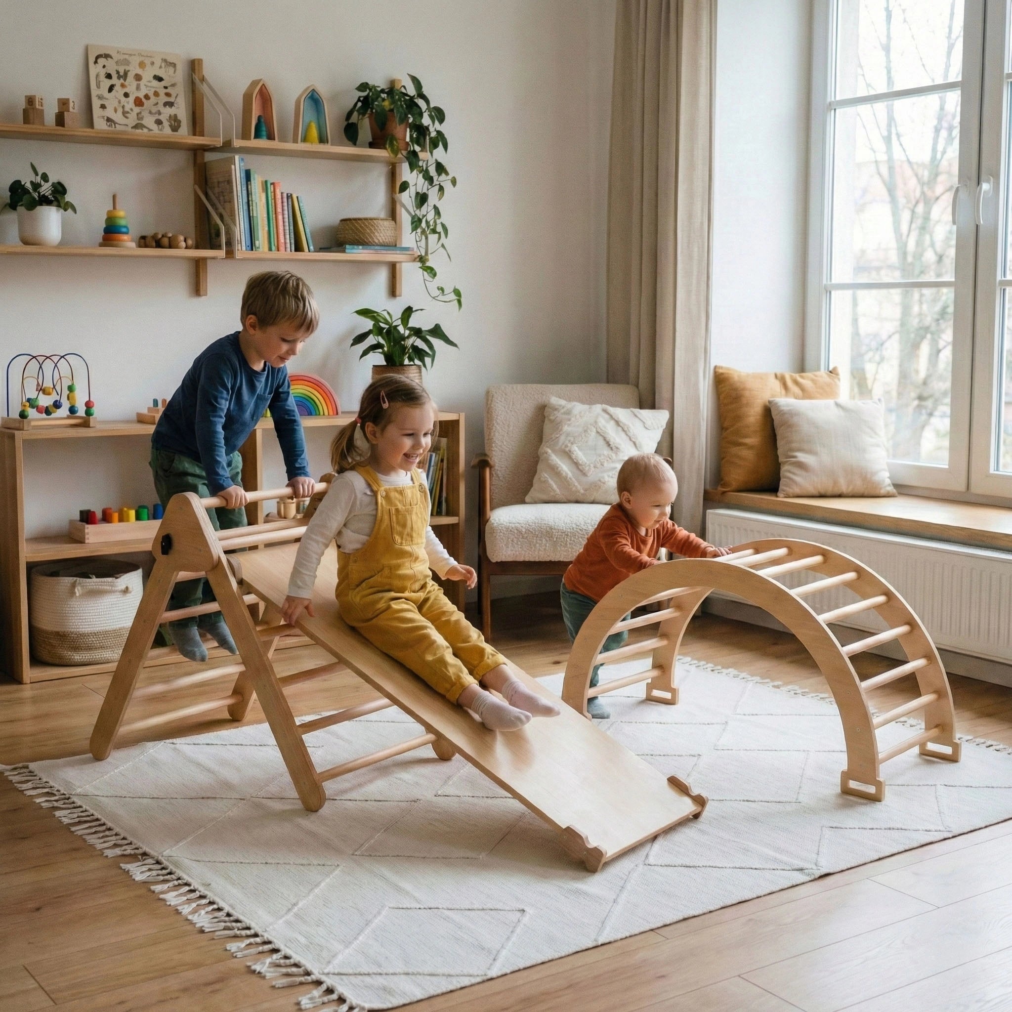 A lively playroom scene showing three children playing together on a Hicooo Montessori pikler triangle climbing set. A girl in yellow overalls slides down the wooden ramp, a boy climbs the Pikler triangle, and a toddler stands by the climbing arch, demonstrating play for various ages.