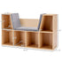 A detailed dimension guide for the kids' wooden bookcase with a reading nook. The overall unit measures 40.5 inches wide, 11.75 inches deep, and 23.5 inches high. The central seat is 15.5 inches wide, surrounded by perfectly sized storage cubbies.