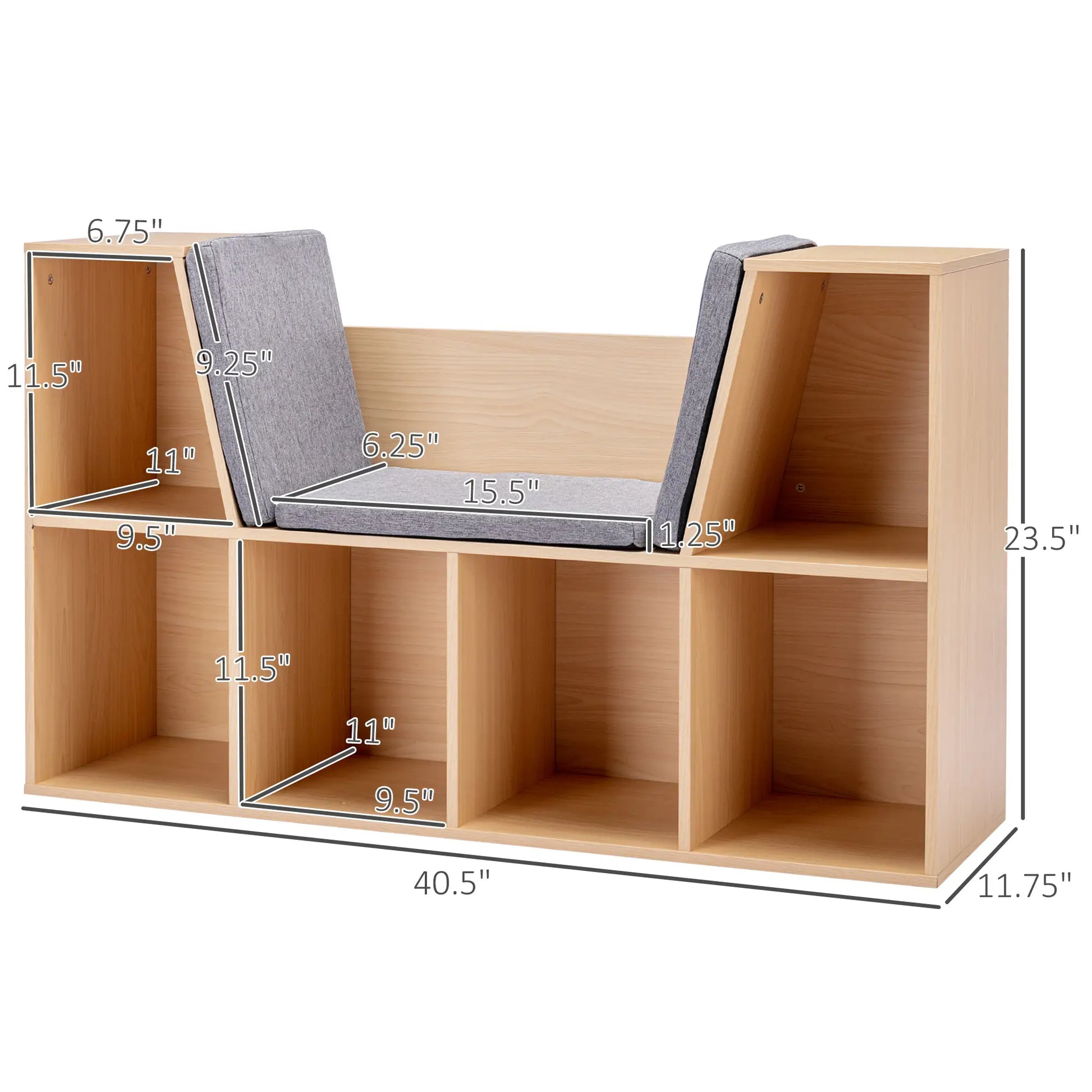 A detailed dimension guide for the kids' wooden bookcase with a reading nook. The overall unit measures 40.5 inches wide, 11.75 inches deep, and 23.5 inches high. The central seat is 15.5 inches wide, surrounded by perfectly sized storage cubbies.