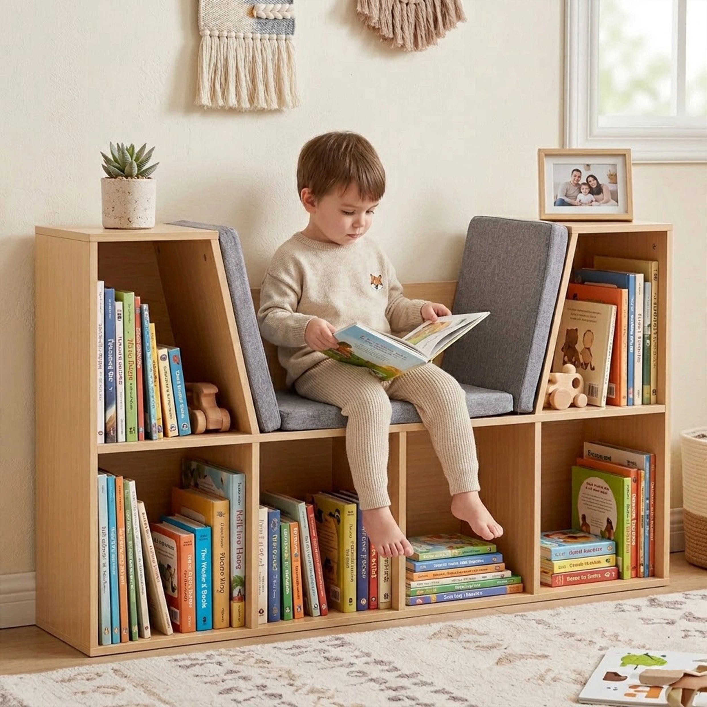 A young boy sitting comfortably on the built-in grey cushioned reading bench of a light wood kids' bookshelf, engrossed in a picture book. The Montessori-style bookcase features multiple open cubbies filled with colorful children's books, creating a cozy and accessible reading corner.