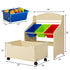 A detailed dimension guide for the kids' wooden toy storage organizer. The main frame measures 25 inches wide, 15 inches deep, and 30 inches high. It also highlights the dimensions of the pull-out rolling toy box (22" x 14" x 12") and the removable plastic bins (11.5" x 7.5" x 5").
