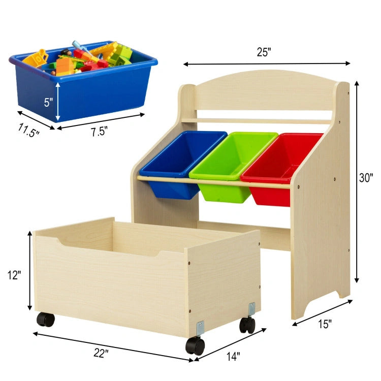 A detailed dimension guide for the kids' wooden toy storage organizer. The main frame measures 25 inches wide, 15 inches deep, and 30 inches high. It also highlights the dimensions of the pull-out rolling toy box (22" x 14" x 12") and the removable plastic bins (11.5" x 7.5" x 5").
