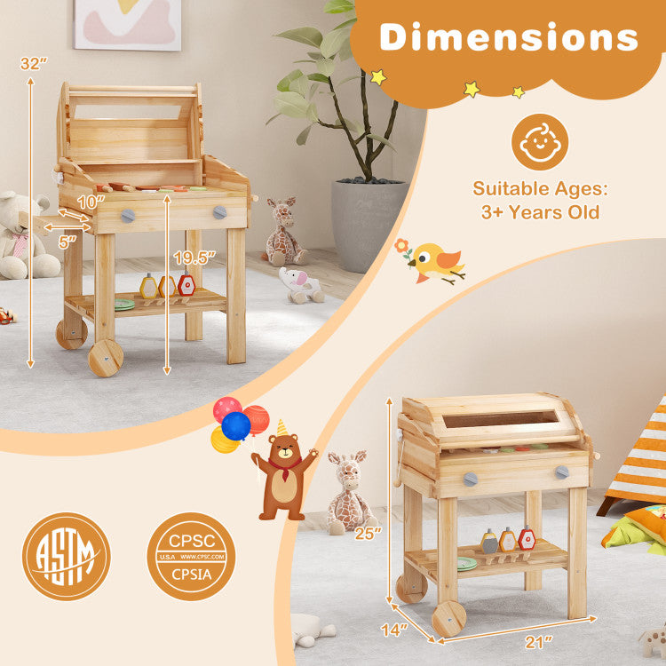 Kids Wooden BBQ Grill Playset with Wheels