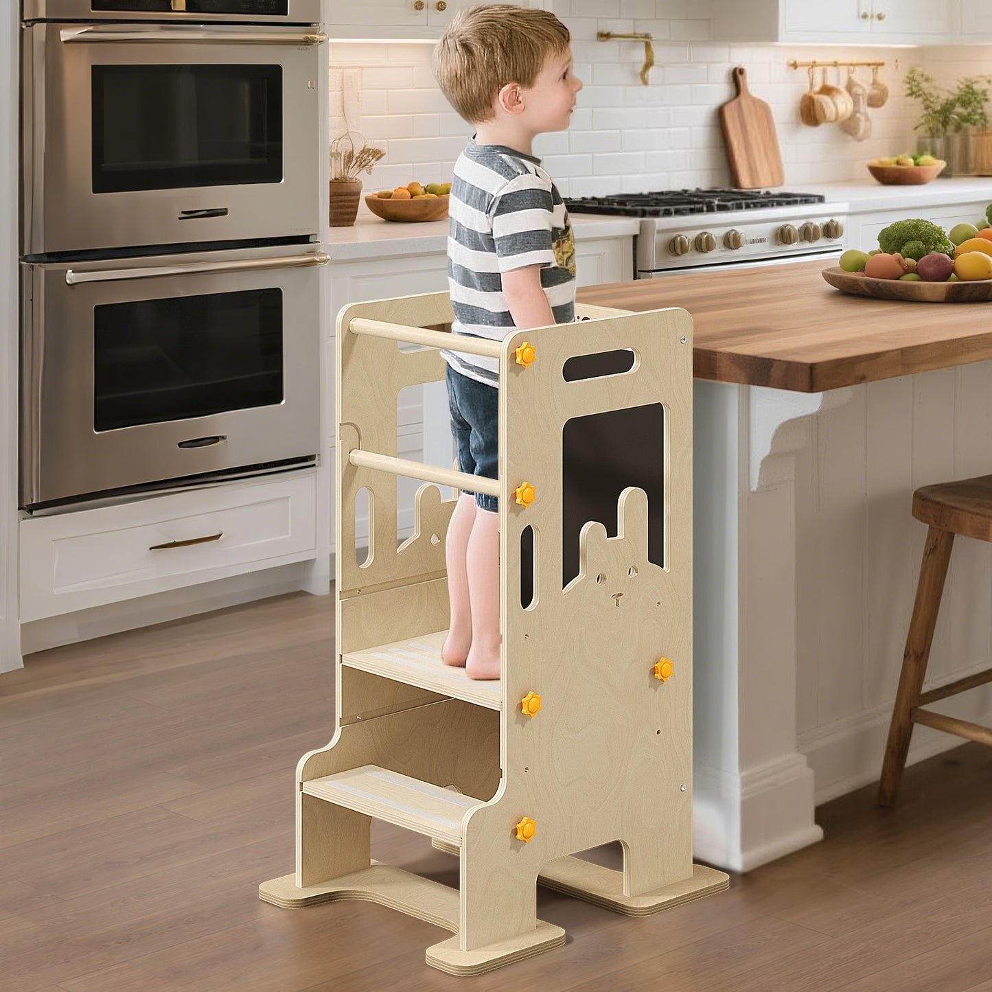 Toddler Standing Kitchen Tower with Blackboard, Height Adjustable Safety Rail Stool for Kids