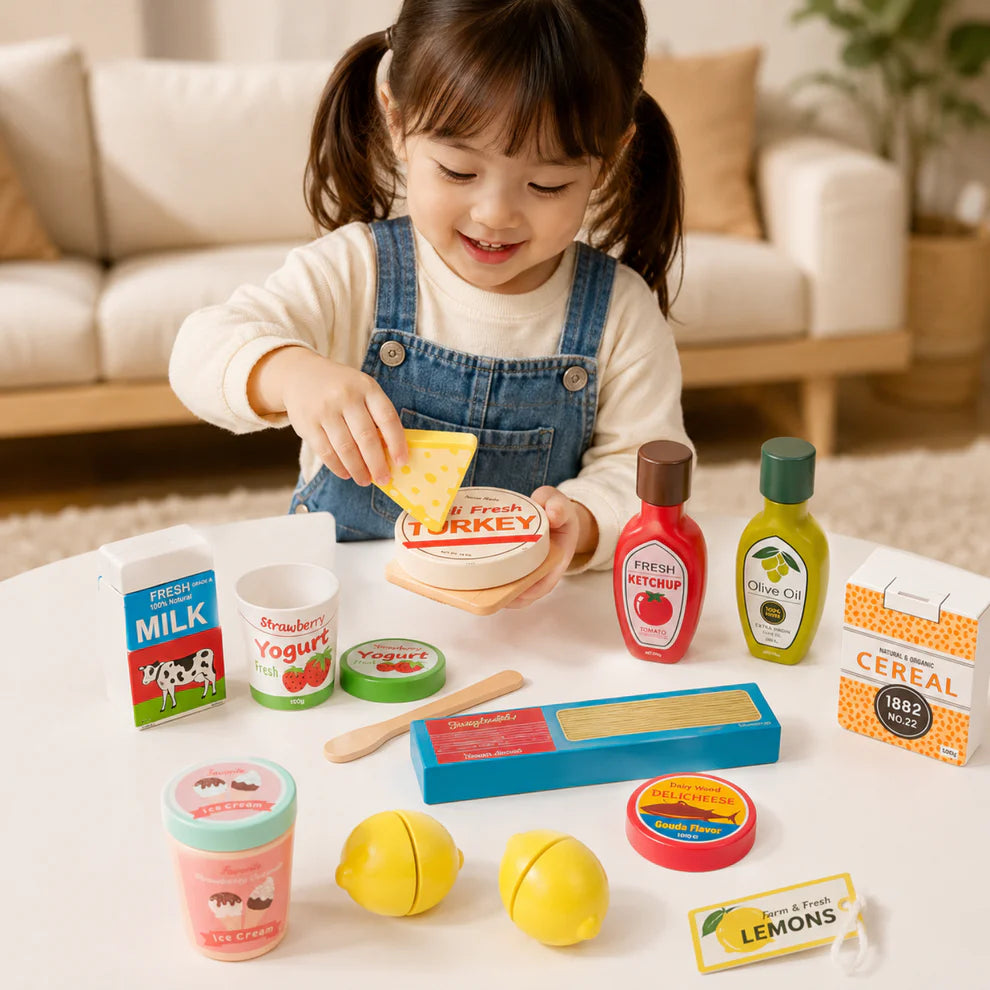 7-Piece Toddler Wooden Grocery Set with Milk & Cheese