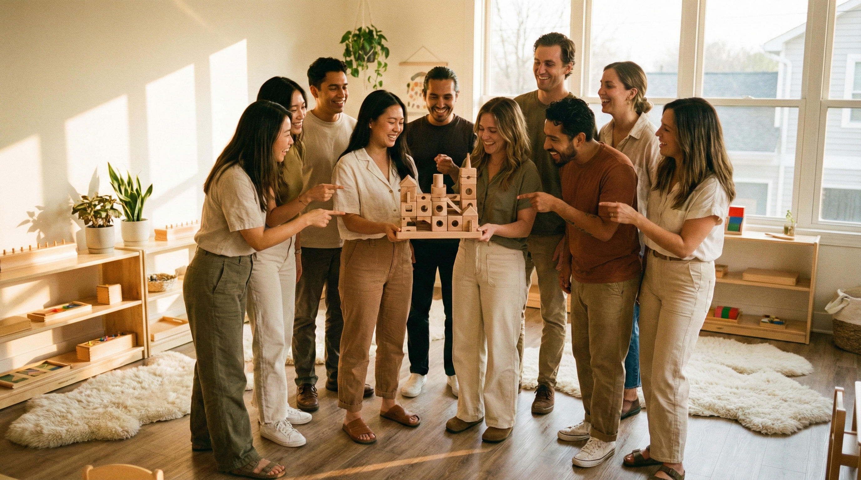 The diverse and passionate Hicooo team smiling together while holding a wooden architectural toy, showcasing our shared commitment to creative child development.