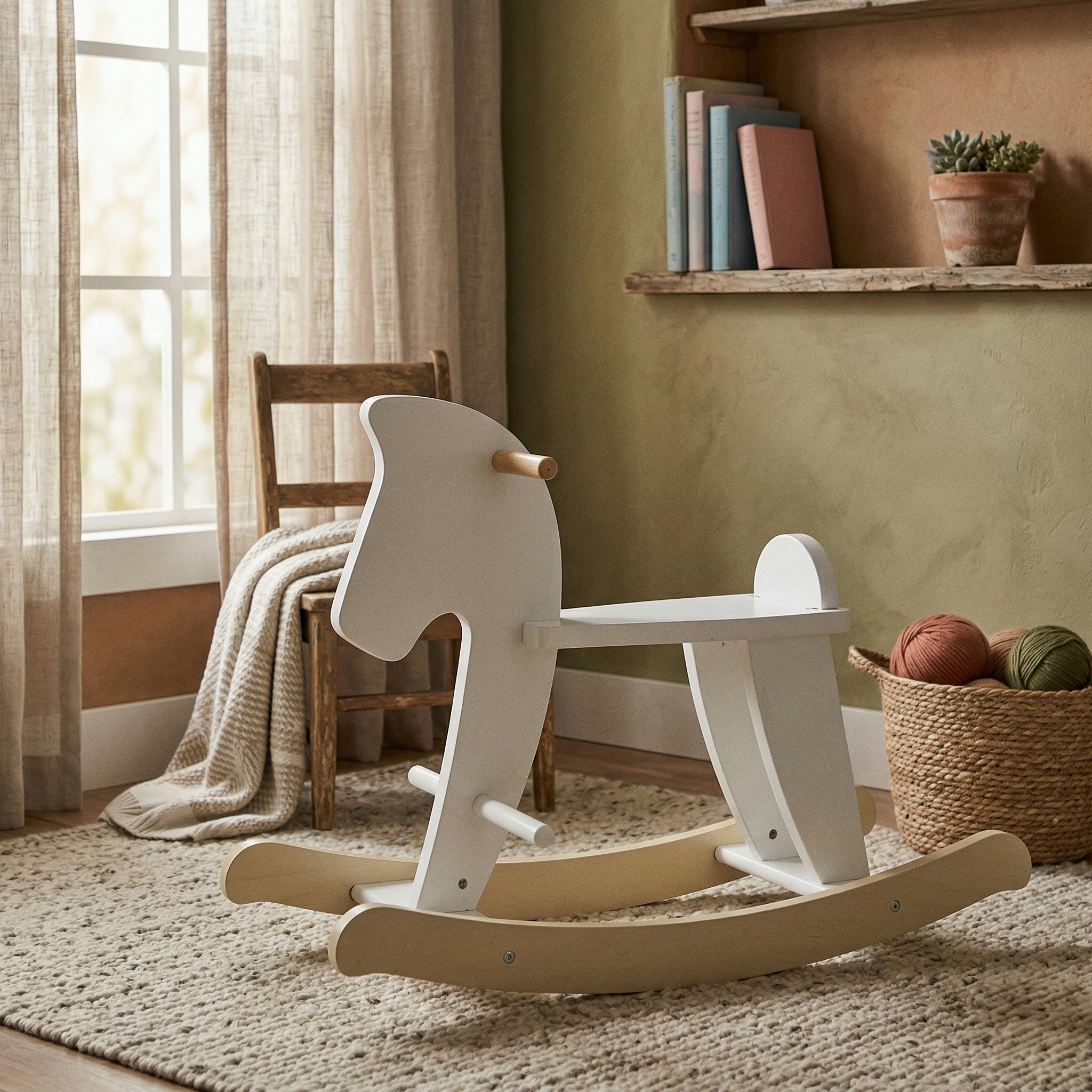 A lifestyle photograph capturing a modern white toddler rocking horse with natural wood accents and a backrest, positioned in a stylized nursery or playroom with soft background decor.