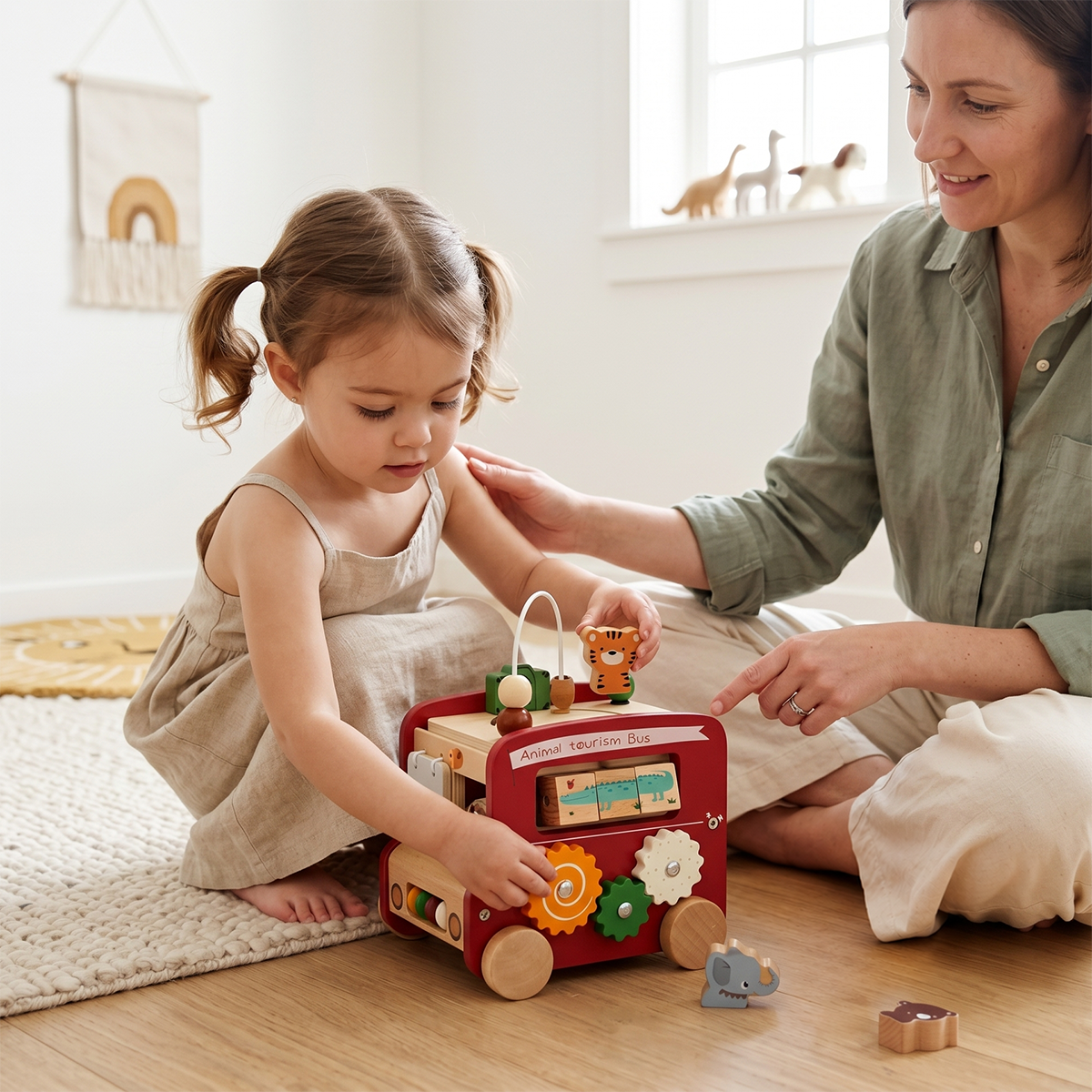 A mom guiding her toddler girl as she explores the animal shape sorter feature on the HiCOOO Montessori wooden bus.