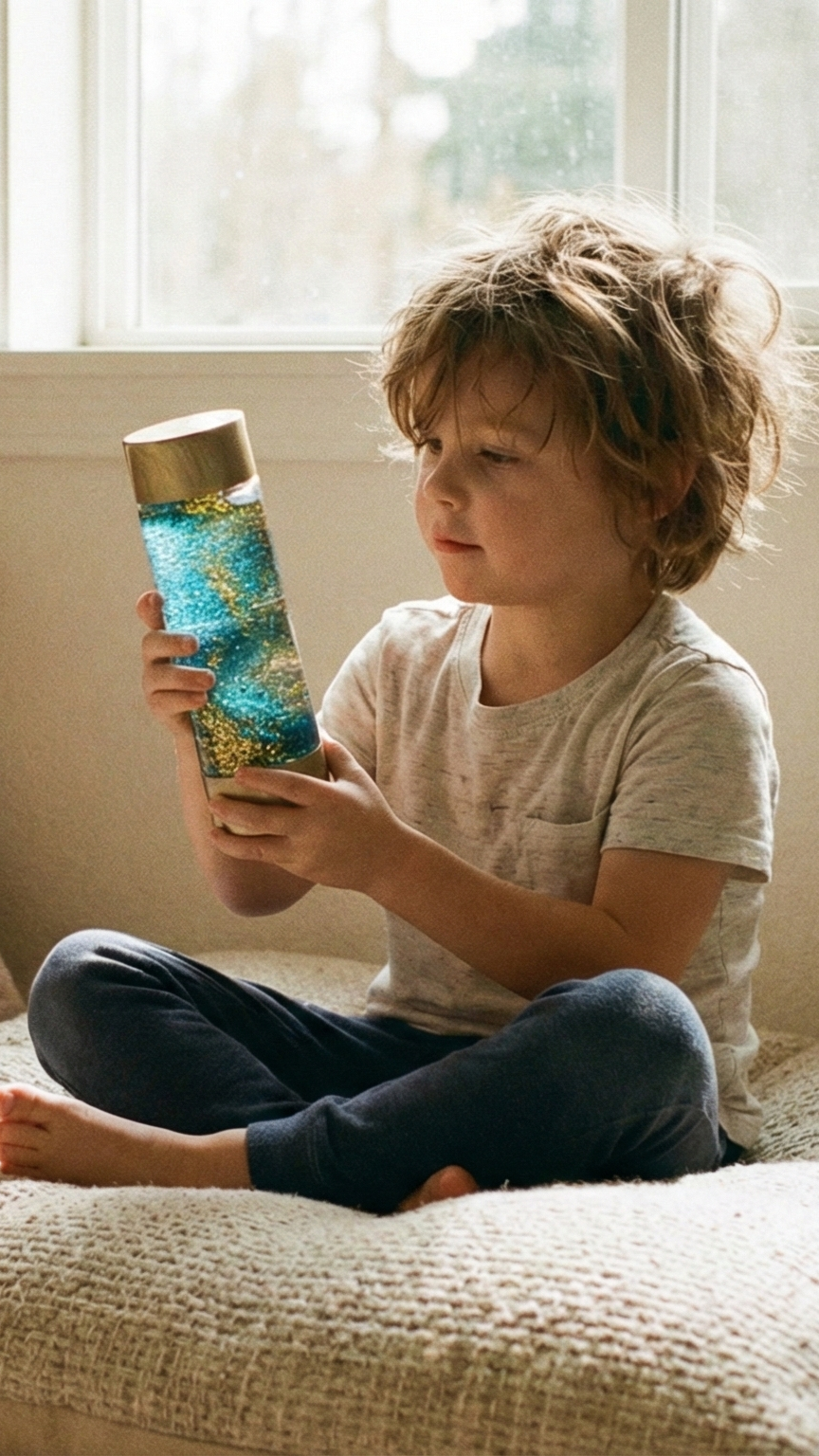 Toddler boy sitting quietly and focusing on a blue and gold sensory bottle (calm down jar), demonstrating a calming Montessori sensory play activity.