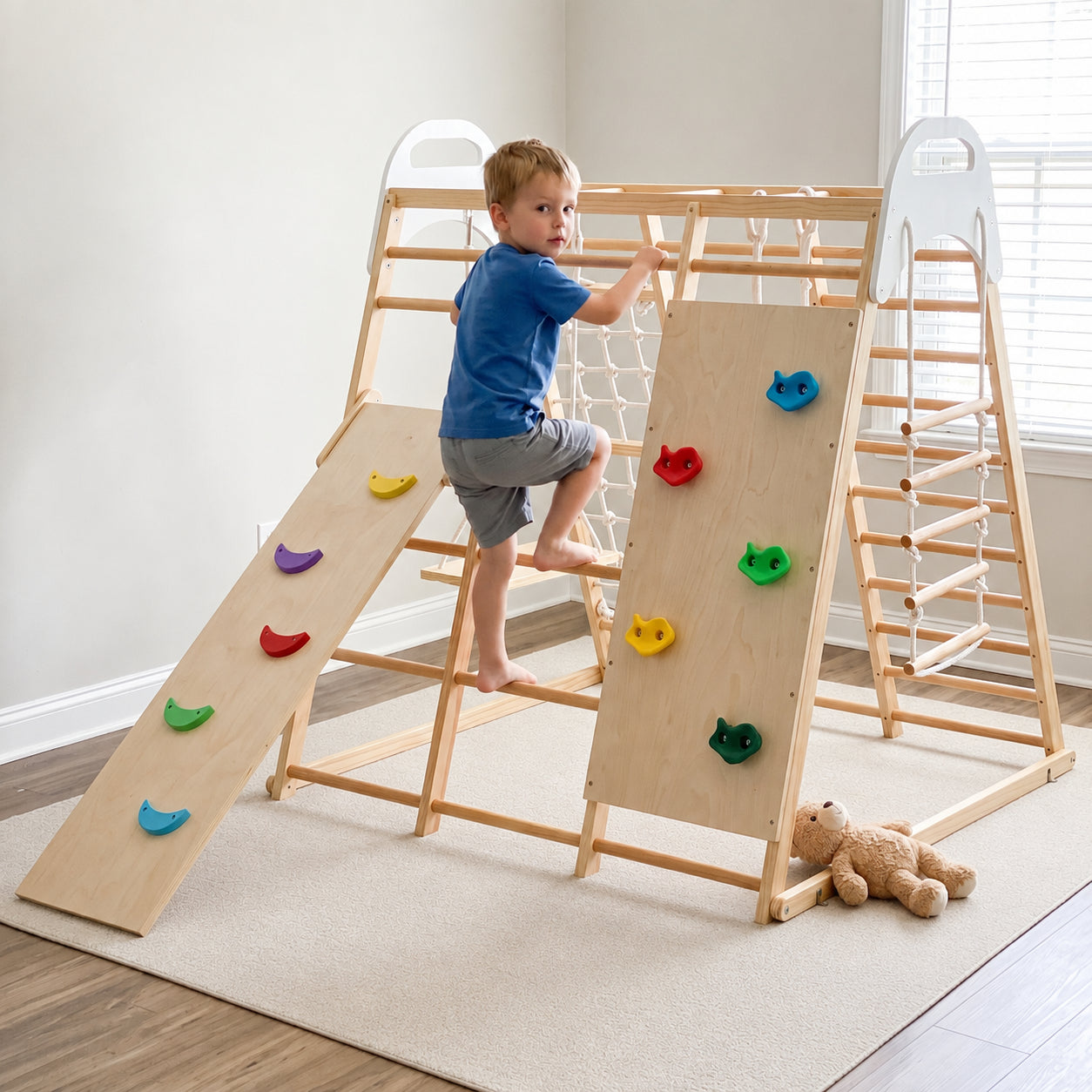 Montessori Wooden Indoor Jungle Gym with Monkey Bars with Reversible Slide and Swing