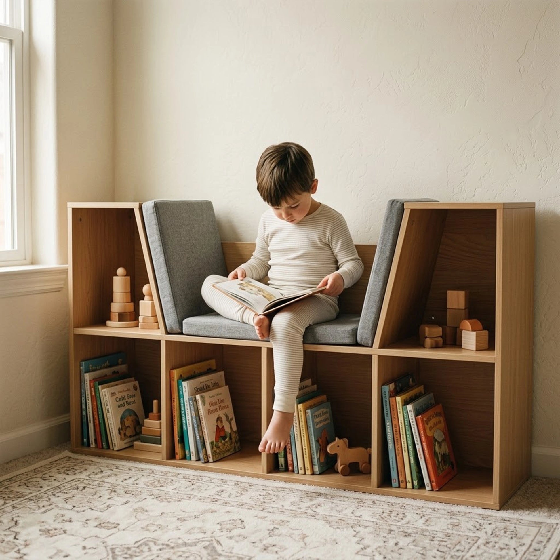 A toddler boy sitting on the built-in grey cushioned bench of a natural wood kids' bookcase, peacefully reading a book by a bright window. This minimalist Montessori-style reading nook features open cubbies neatly organizing children's books and natural wooden toys.