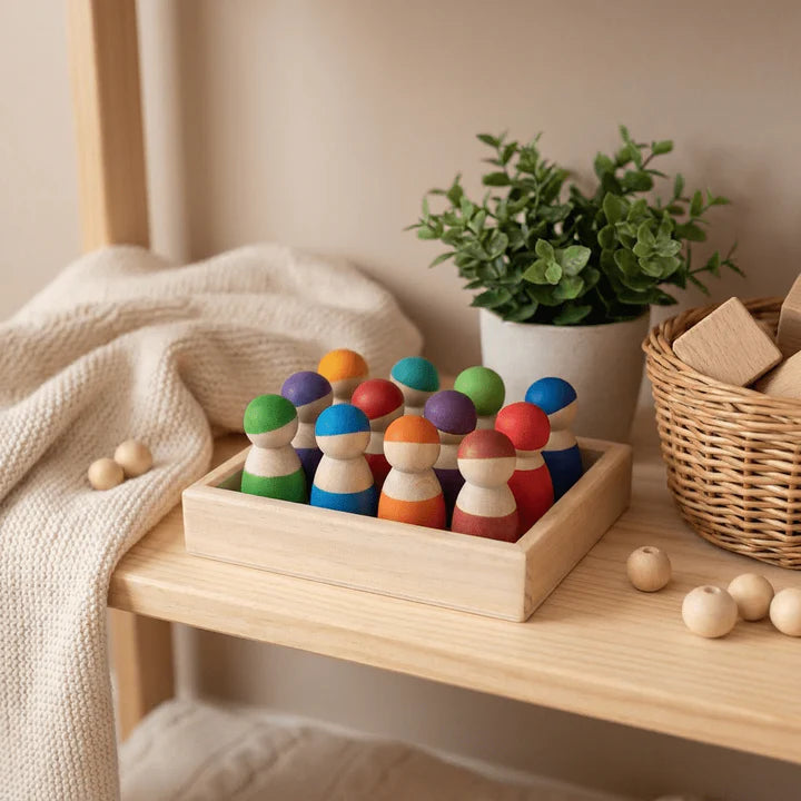 12-Piece Montessori Wooden Rainbow Peg Dolls Open-Ended Play