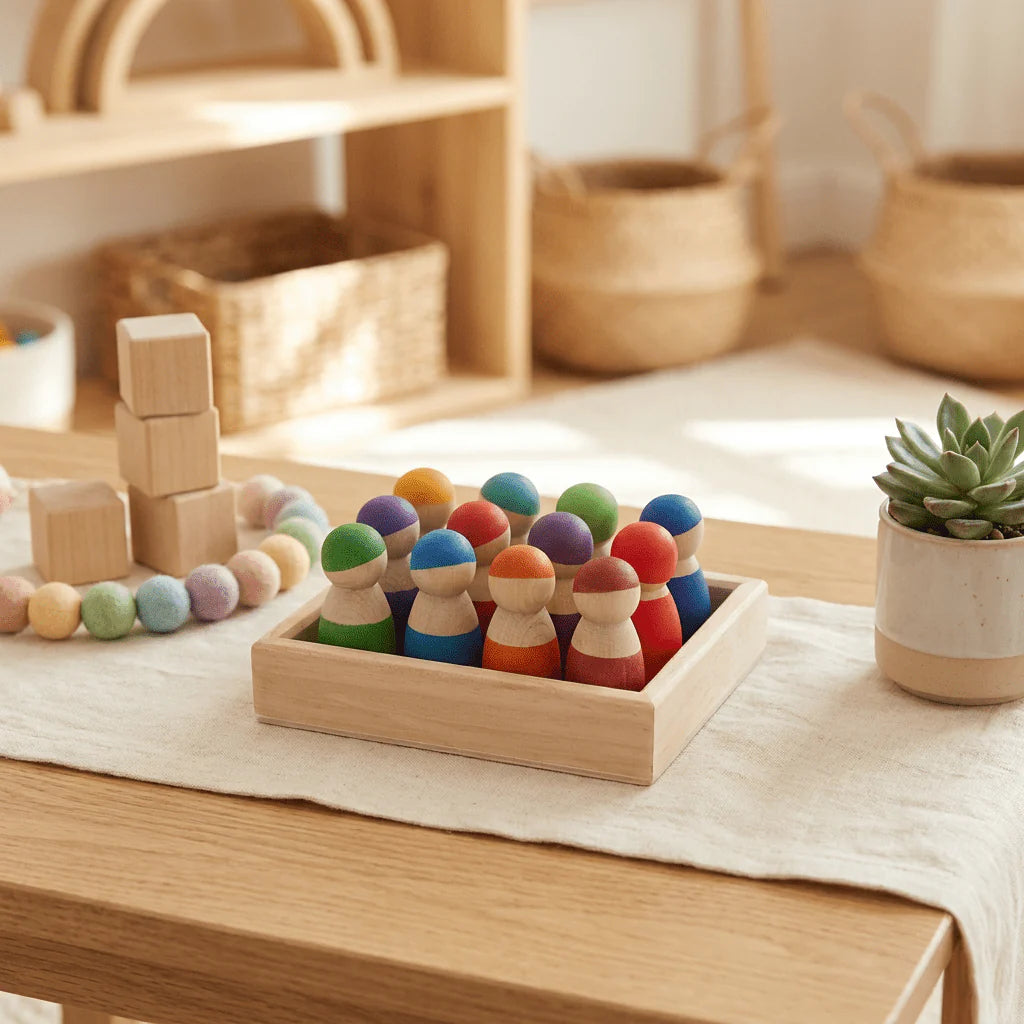 12-Piece Montessori Wooden Rainbow Peg Dolls Open-Ended Play