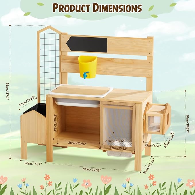 Wooden Mud Kitchen with Birdhouse & Dual Stoves