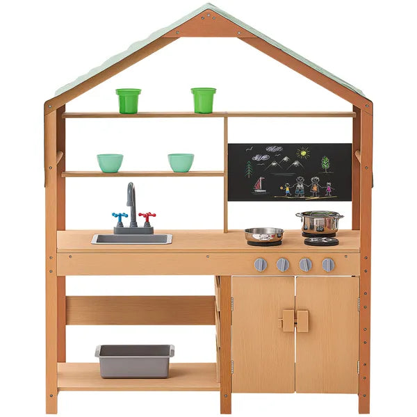 Wooden Outdoor Mud Kitchen with Sunshade Canopy, Dual Sinks & Chalkboard