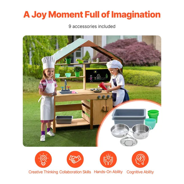 Wooden Outdoor Mud Kitchen with Sunshade Canopy, Dual Sinks & Chalkboard