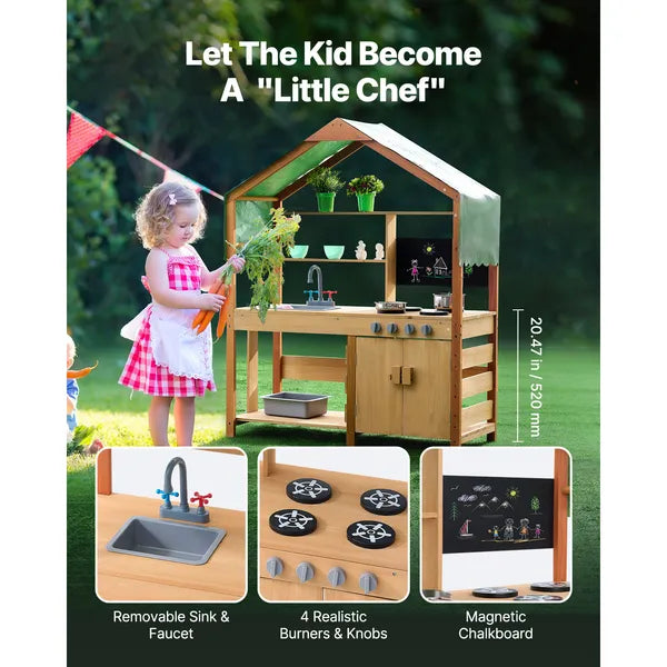 Wooden Outdoor Mud Kitchen with Sunshade Canopy, Dual Sinks & Chalkboard