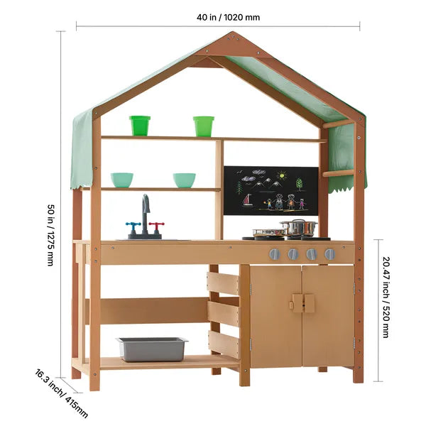 Wooden Outdoor Mud Kitchen with Sunshade Canopy, Dual Sinks & Chalkboard