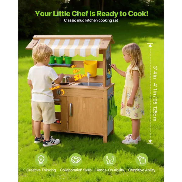 Wooden Mud Kitchen with Sunshade Canopy & Water Tank