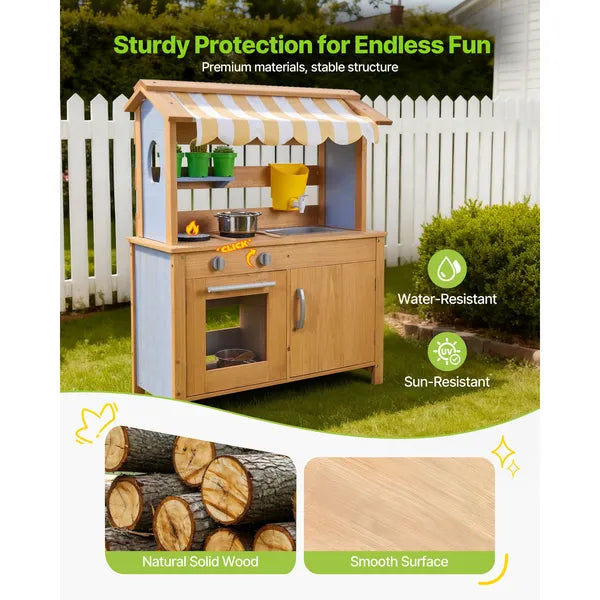 Wooden Mud Kitchen with Sunshade Canopy & Water Tank