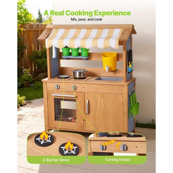 Wooden Mud Kitchen with Sunshade Canopy & Water Tank
