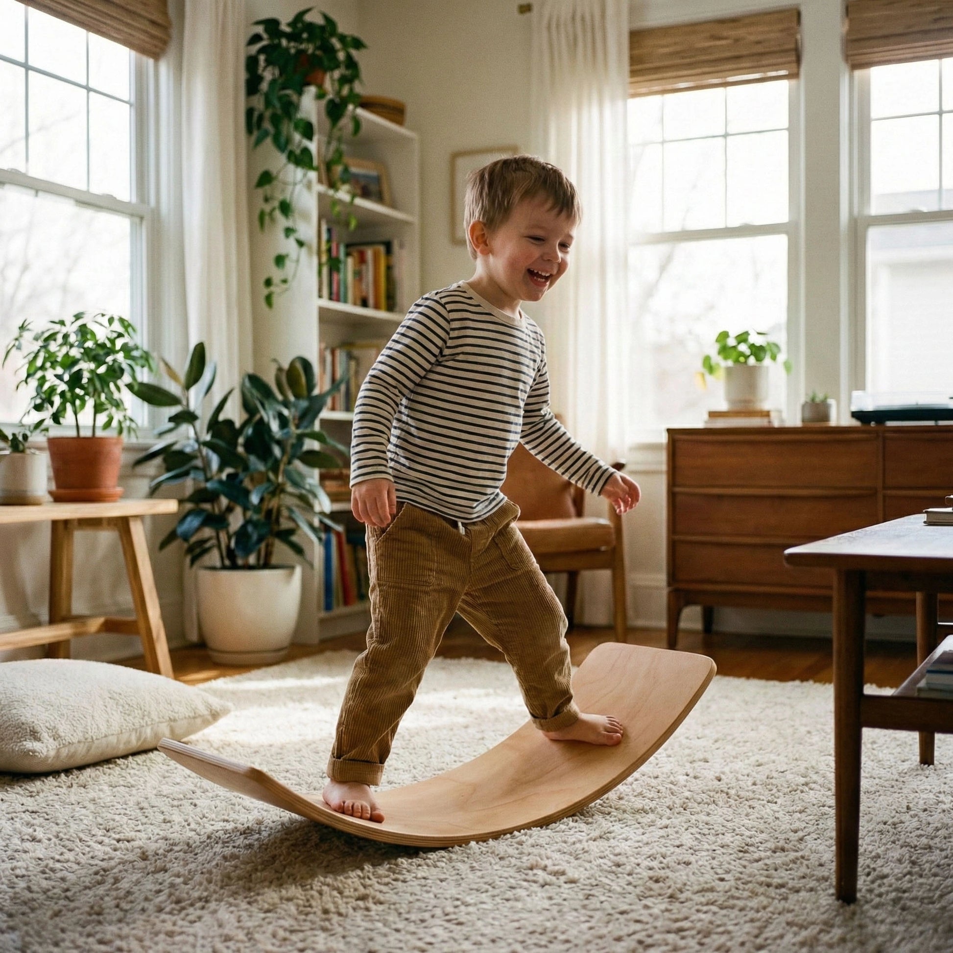 Studio product shot of Hicooo natural wood curved balance board, also known as a wobble board. Shows the layered plywood construction and smooth finish of this classic Montessori open-ended toy.