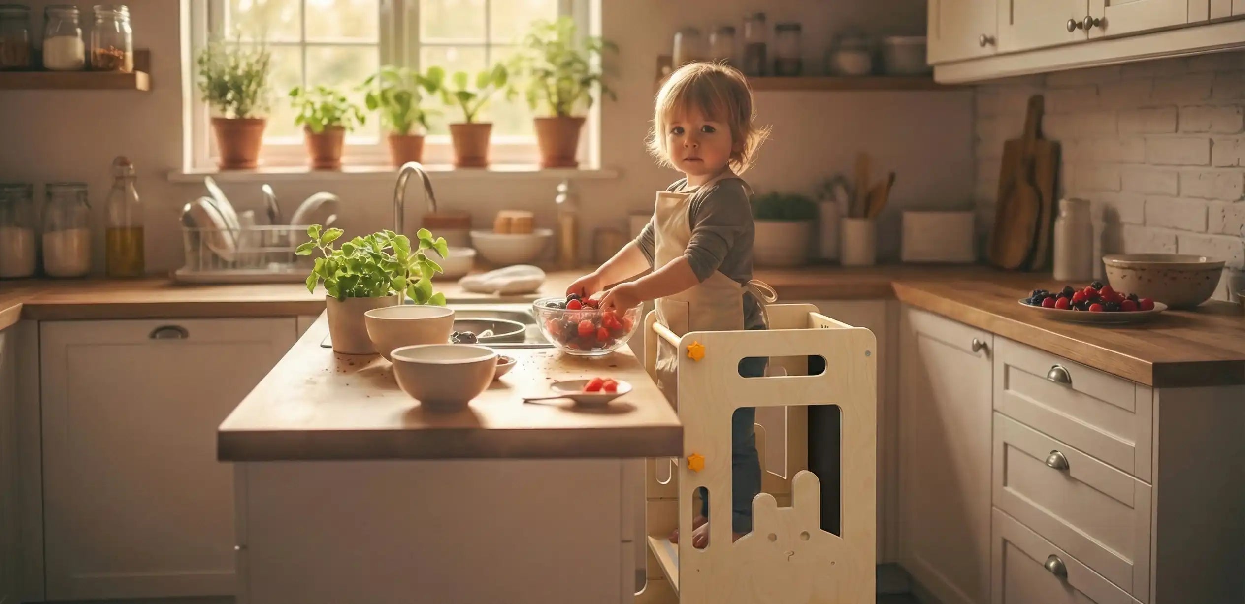 In the brightly lit kitchen, a toddler stands in a wooden walker (kitchen helper tower) with a rabbit design and yellow knobs, reaching for fruit from a bowl. Plants and kitchen utensils are on the countertop.